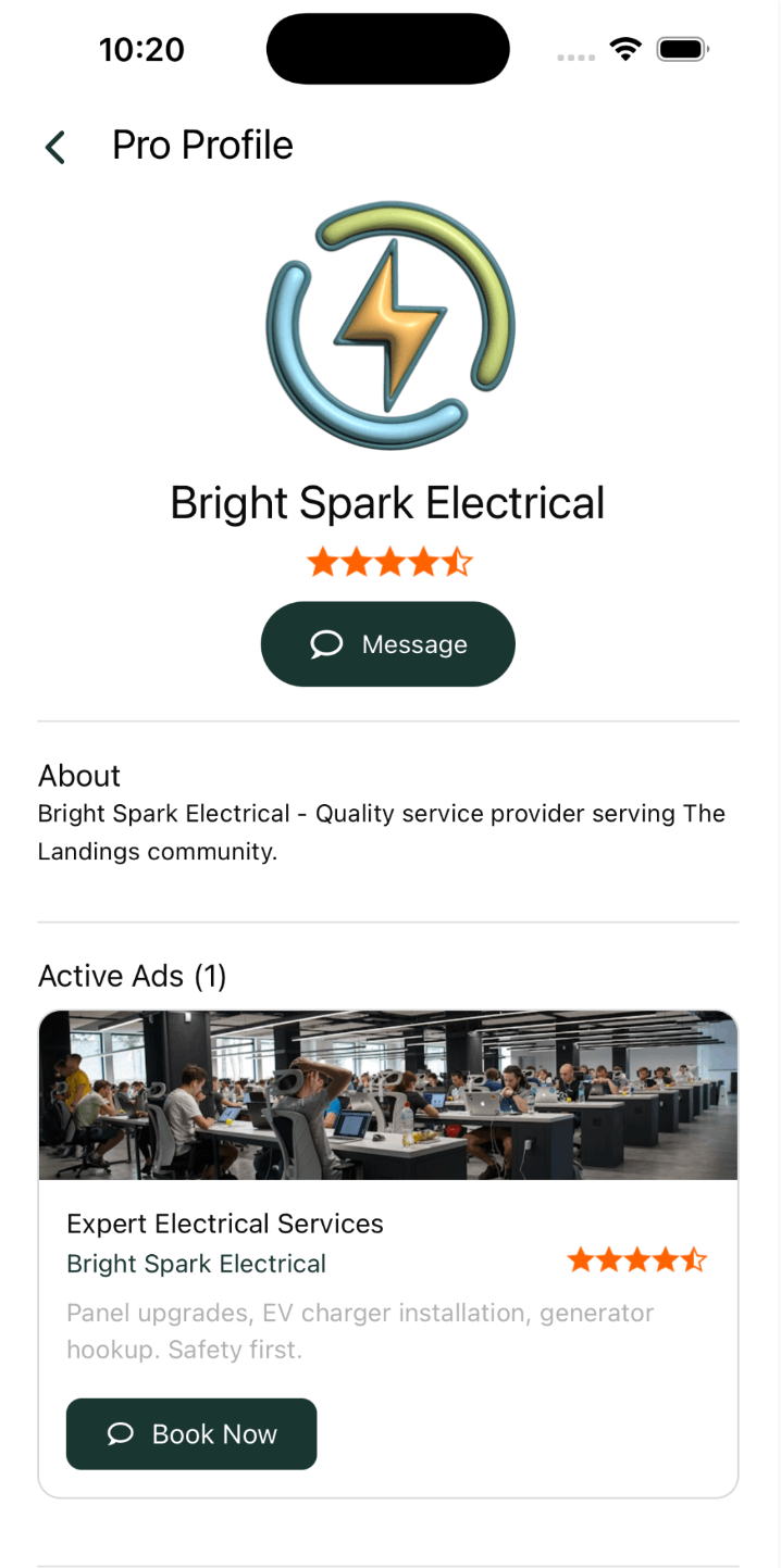 Contractor profile card showing verified badge, rating, reviews, past projects, and contact information